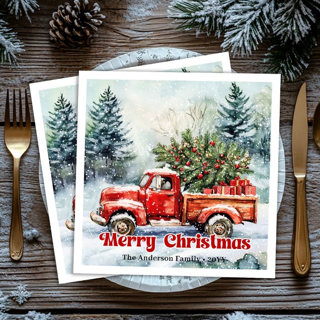 Serviette En Papier Ensemble de serviettes rustiques de scène hivernal (Stylish red truck winter scene rustic napkins set)