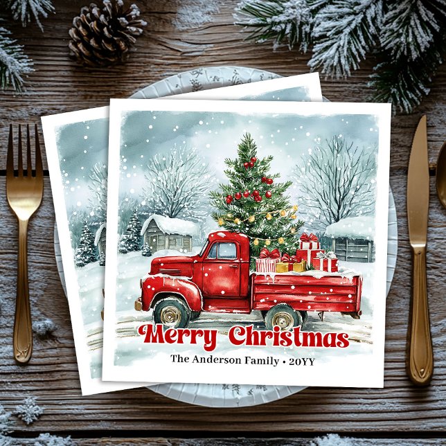 Serviette En Papier Ensemble de serviettes rustiques pour Noël avec un (Lovely red truck Christmas scene rustic napkin set)