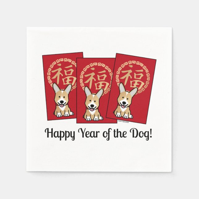 Serviette En Papier Enveloppe rouge chinoise Lucky Corgi Année du chie (Devant)