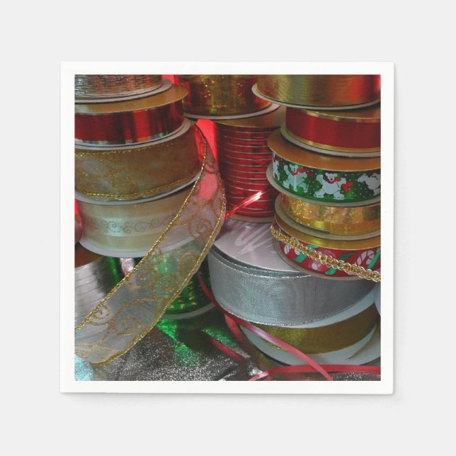 Serviette En Papier Épaves de Noël Ruban Holiday Rouge et or (Devant)