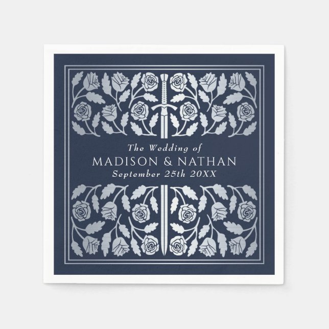 Serviette En Papier Épée de mariage médiévale argentée royale bleue (Devant)