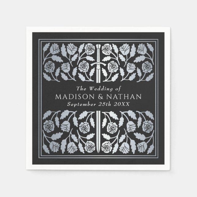 Serviette En Papier Épée de mariage médiévale argentée royale noire (Devant)