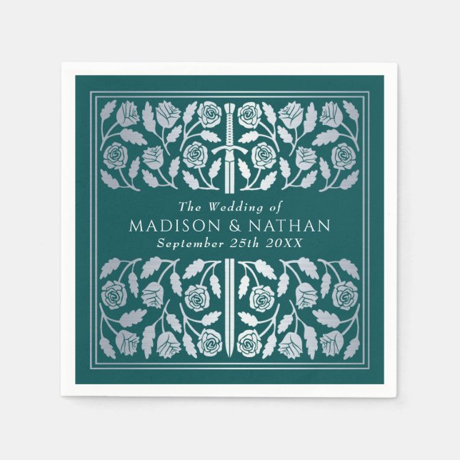 Serviette En Papier Épée médiévale royale sarcelle argentée de mariage (Devant)