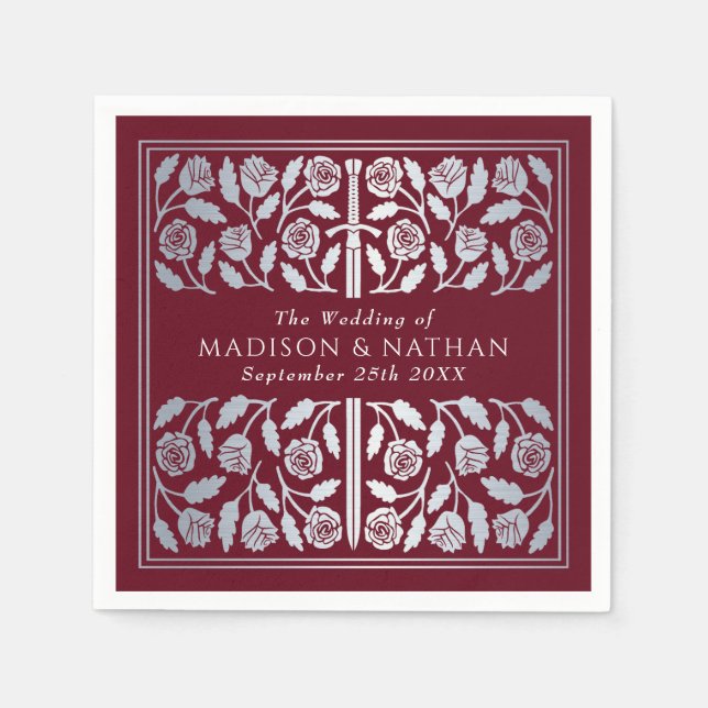 Serviette En Papier Épée Royale Médiévale Argentée Rouge de Mariage (Devant)
