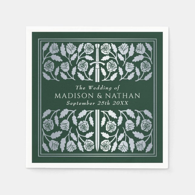 Serviette En Papier Épée Royale Médiévale Argentée Verte de Mariage (Devant)