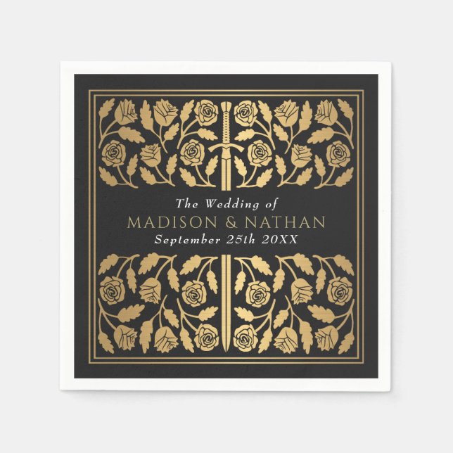 Serviette En Papier Épée Royale Médiévale Dorée de Mariage Noire (Devant)