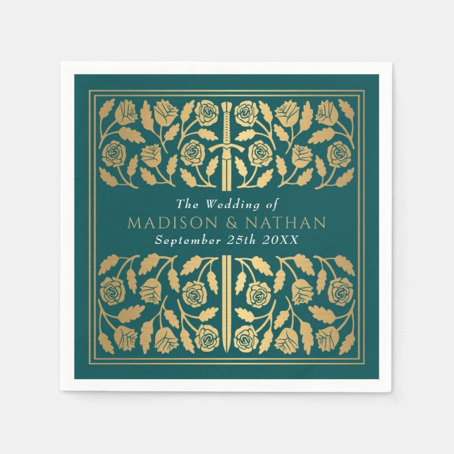 Serviette En Papier Épée Royale Médiévale Dorée de Mariage Sarcelle (Devant)