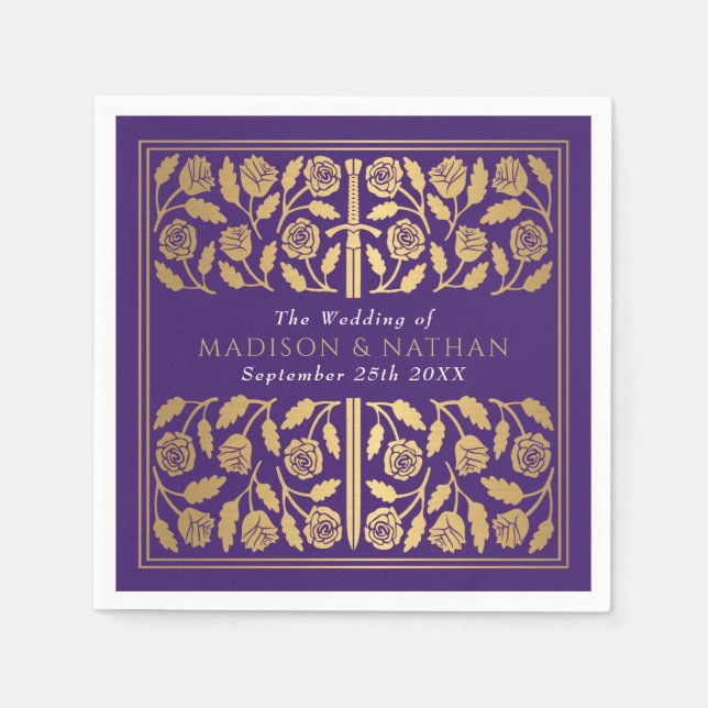 Serviette En Papier Épée Royale Médiévale Dorée Mariage Violet (Devant)