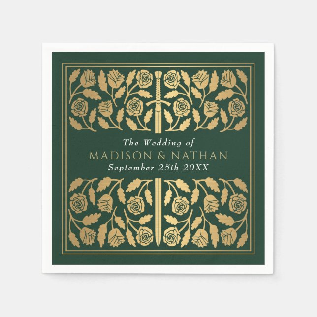 Serviette En Papier Épée Royale Médiévale Dorée Verte Mariage (Devant)