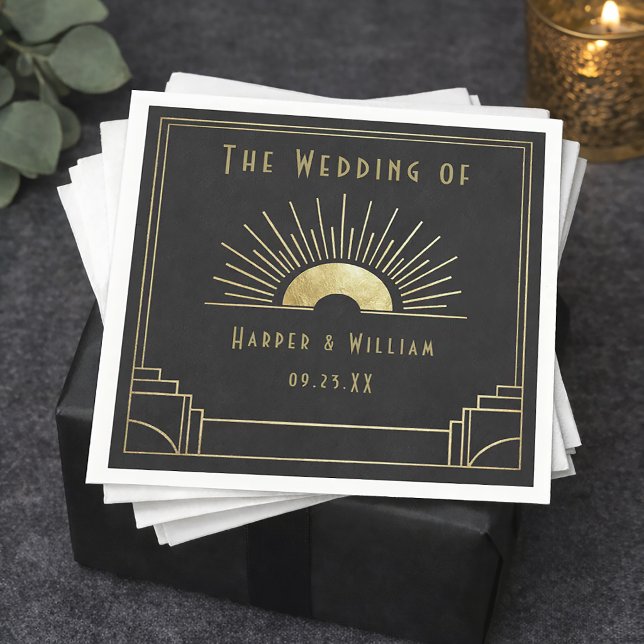 Serviette En Papier Equinoxe art déco soleil levant doré (Sunburst art deco black and faux gold geometric cocktail napkins.)