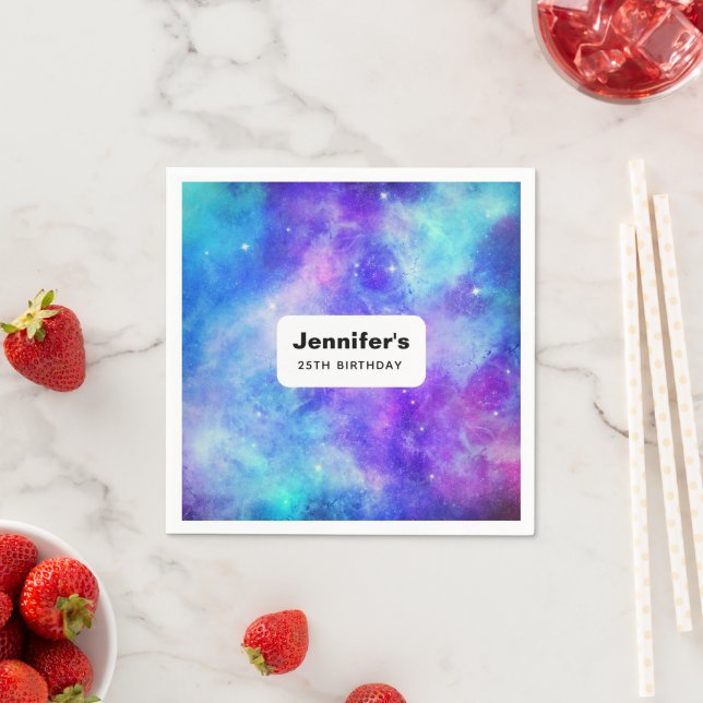 Serviette En Papier Espace Galaxie Violet et Bleu Anniversaire Abstrai (En situation)