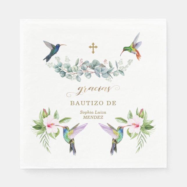 Serviette En Papier Espagnol Hibiscus rose Fleurs Eucalyptus Bautizo (Devant)