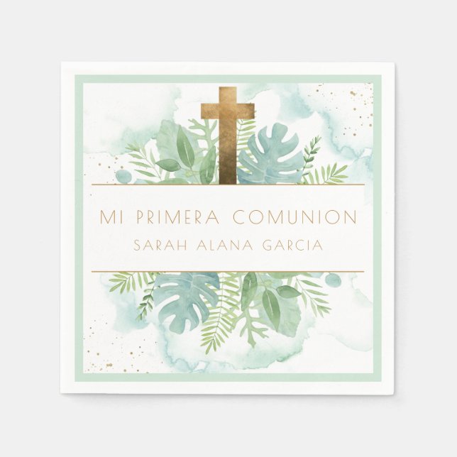 Serviette En Papier Espagnol, Vert Garçon / Fille Première Communion V (Devant)