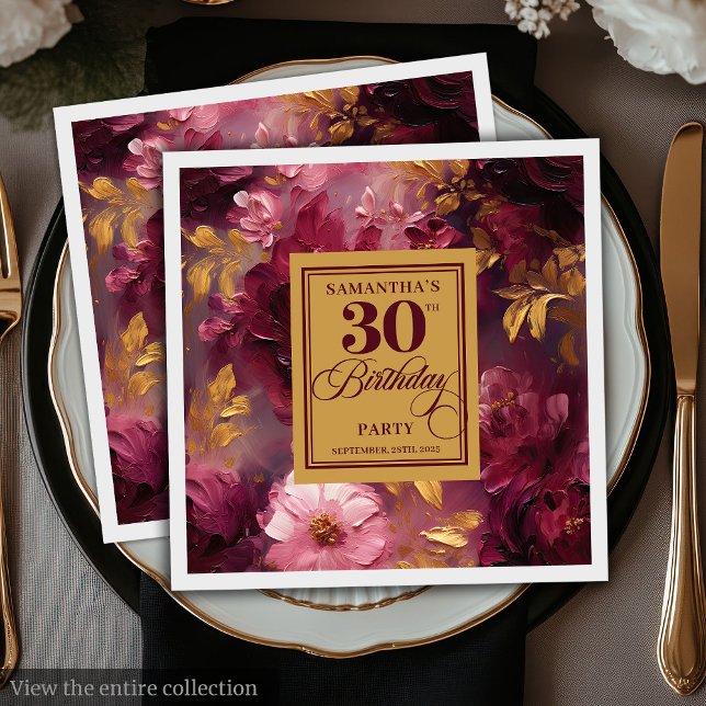 Serviette En Papier Etanchéité Burgundy Blush Gold Aquarelle 30e Anniv (Stylish Burgundy Blush Gold Watercolor 30th Bday Napkins)