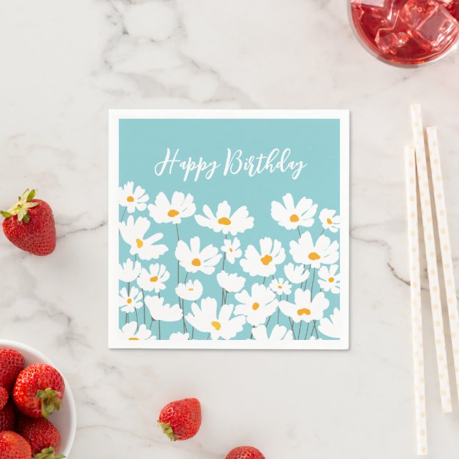 Serviette En Papier Été Blanc Fleurs Cosmos Joyeux Anniversaire (En situation)