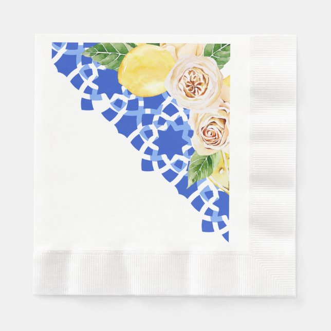 Serviette En Papier Eté Carreaux et citrons bleu méditerranéen (Devant)