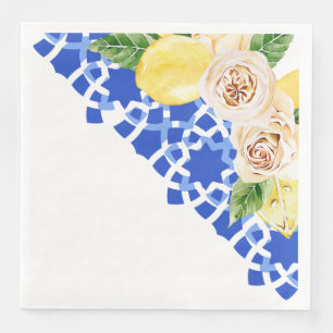 Serviette En Papier Eté Carreaux et citrons bleu méditerranéen
