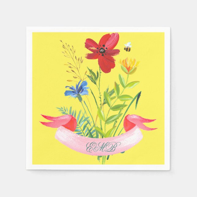 Serviette En Papier Été fleuri Jaune Été Monogramme moderne (Devant)