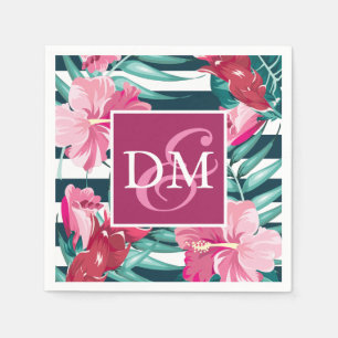Serviette En Papier Été Monogramme Fleurs exotiques rayées