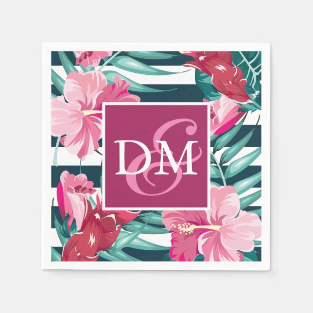 Serviette En Papier Été Monogramme Fleurs exotiques rayées (Devant)