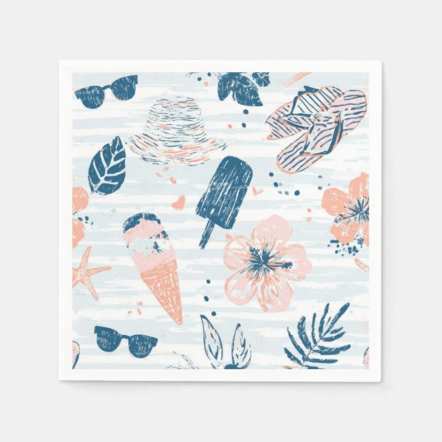 Serviette En Papier Été Plage Tropical Bleu Corail Rayé  (Devant)