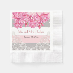 Serviette En Papier Été rose et gris rayures mariage dentelle florale