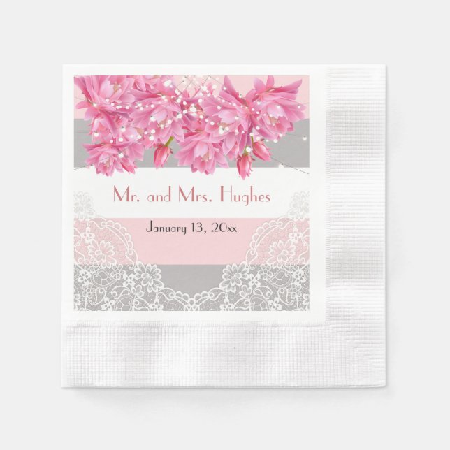 Serviette En Papier Été rose et gris rayures mariage dentelle florale (Devant)