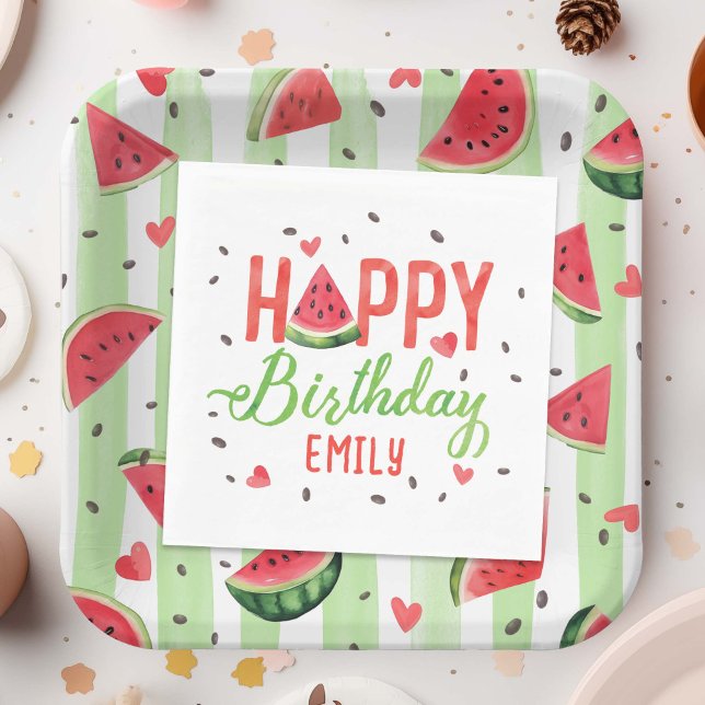 Serviette En Papier Eté Rouge pastèque Fille à thème Anniversaire (Summer Red Watercolor Watermelon pattern, Girl Summer Party Napkins.)
