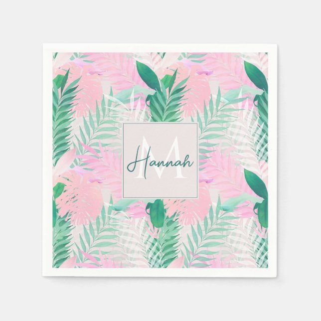 Serviette En Papier Été Tropical Pink Mint Palm Foliage Verdure (Devant)