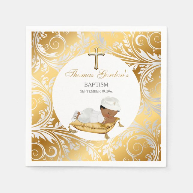 Serviette En Papier Ethnic Baby Boy Christening Baptême Or Argent (Devant)