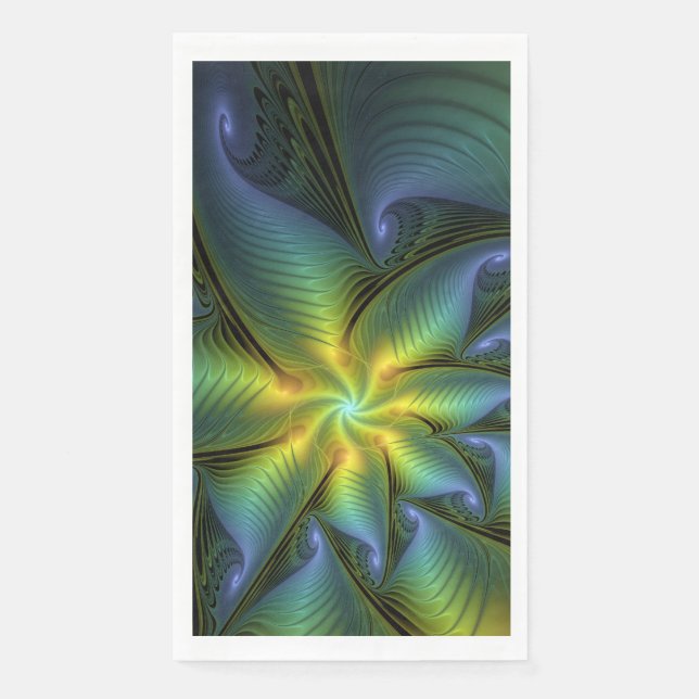 Serviette En Papier Etoile Abstraite, Bleu brillant Vert Or Fractal Ar (Devant)