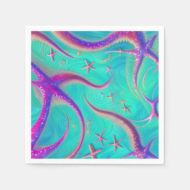 Serviette En Papier Étoile de mer sarcelle et violette Beachy  (Devant)
