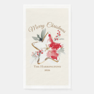Serviette En Papier Étoile de Noël aquarelle rouge blanc et vert