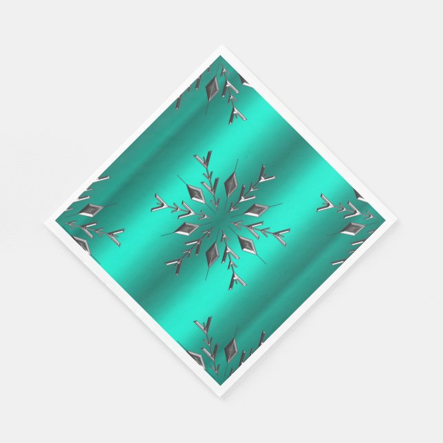 Serviette En Papier Étoile de Noël en argent sur Turquoise (Coin)