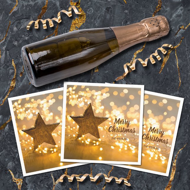 Serviette En Papier Étoile rustique et lumières de Noël (Rustic Star and Christmas Lights Cocktail Napkins)