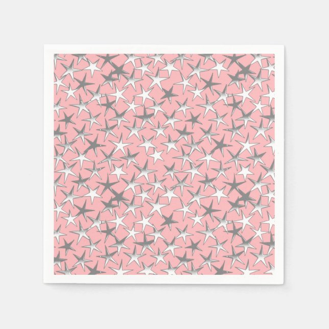 Serviette En Papier Étoiles argentées, sur coquille rose (Devant)