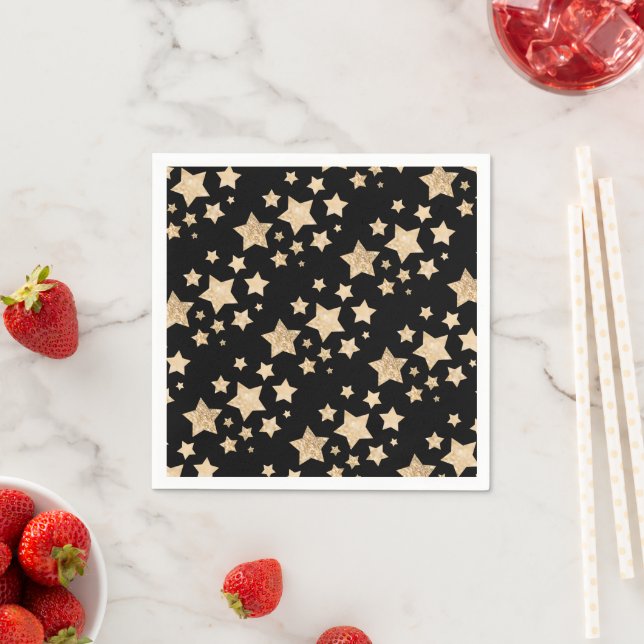 Serviette En Papier Etoiles brillantes or Joyeux Noël Fête Noir (En situation)