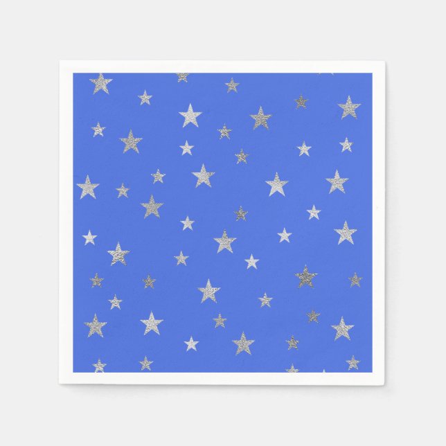 Serviette En Papier Etoiles d'argent et bleu royal (Devant)