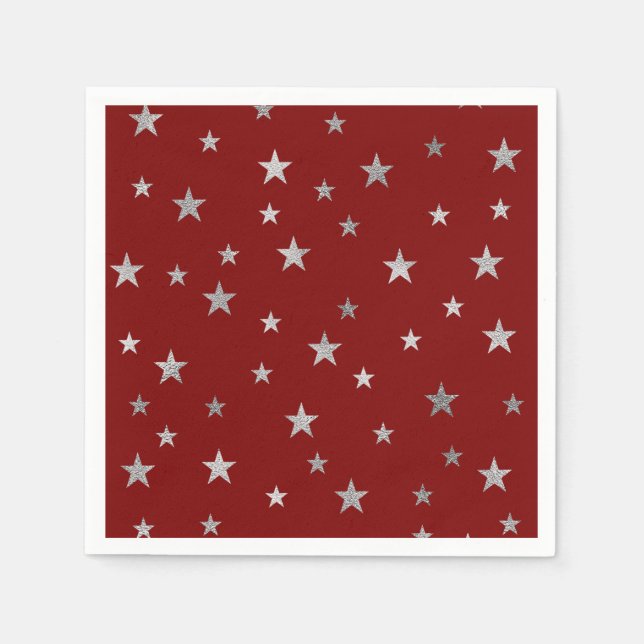 Serviette En Papier Étoiles d'argent et rouge bordeaux (Devant)