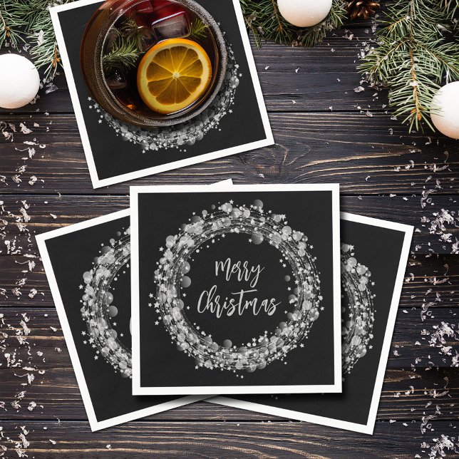 Serviette En Papier Étoiles d'argent Joyeux Noël (Silver Stars Merry Christmas on Black Napkins)