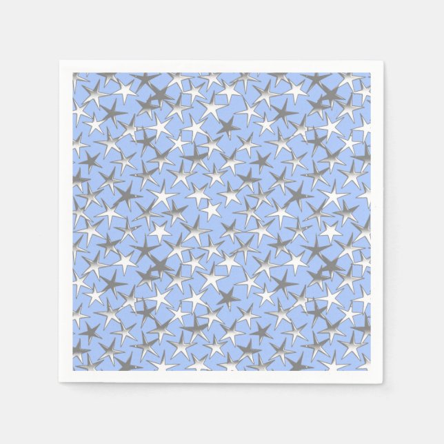 Serviette En Papier étoiles d'argent, sur bleu pâle (Devant)