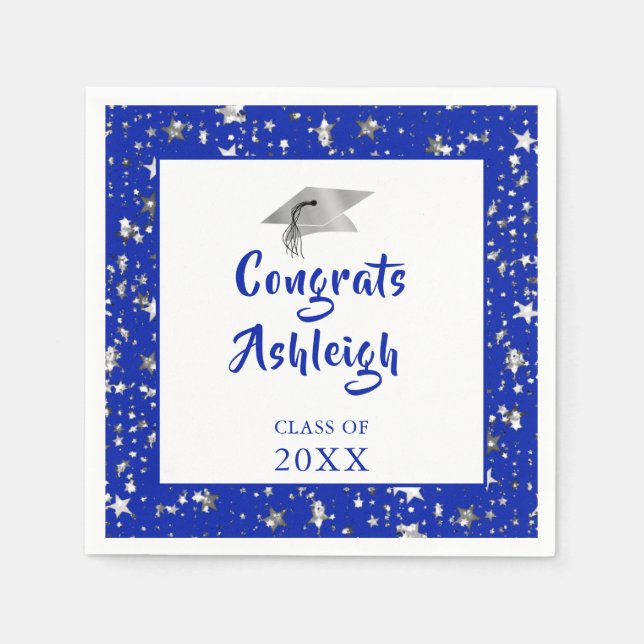Serviette En Papier Étoiles de graduation Brush Script Royal Blue (Devant)