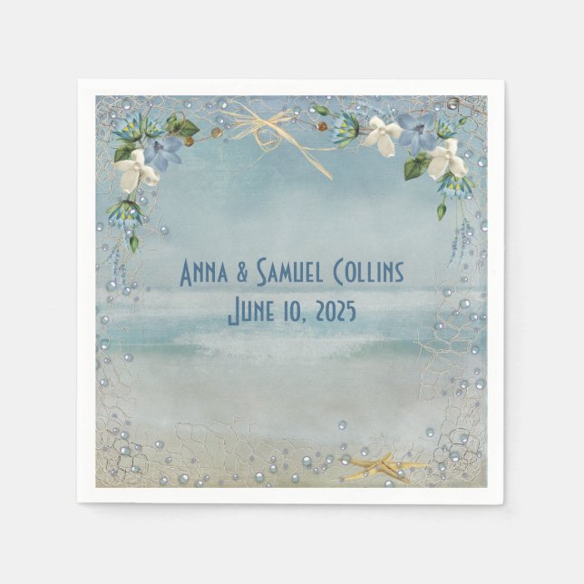 Serviette En Papier étoiles de mer avec cadre de filet et fleurs de pl (Devant)