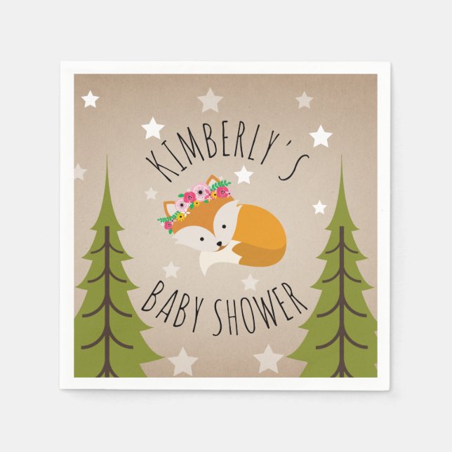 Serviette En Papier Étoiles de renards dorés + Arbres Baby shower Flor (Devant)