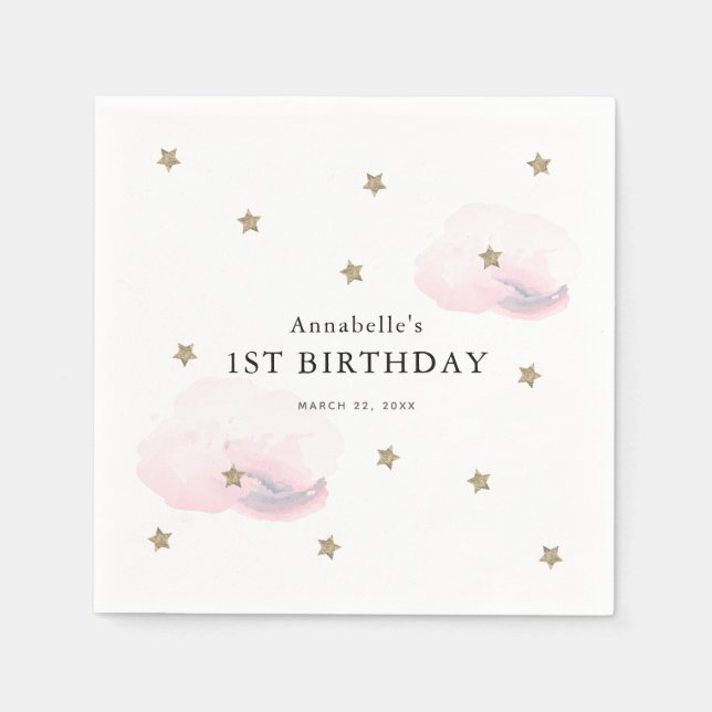 Serviette En Papier Etoiles d'or et nuages roses Fille Anniversaire (Devant)