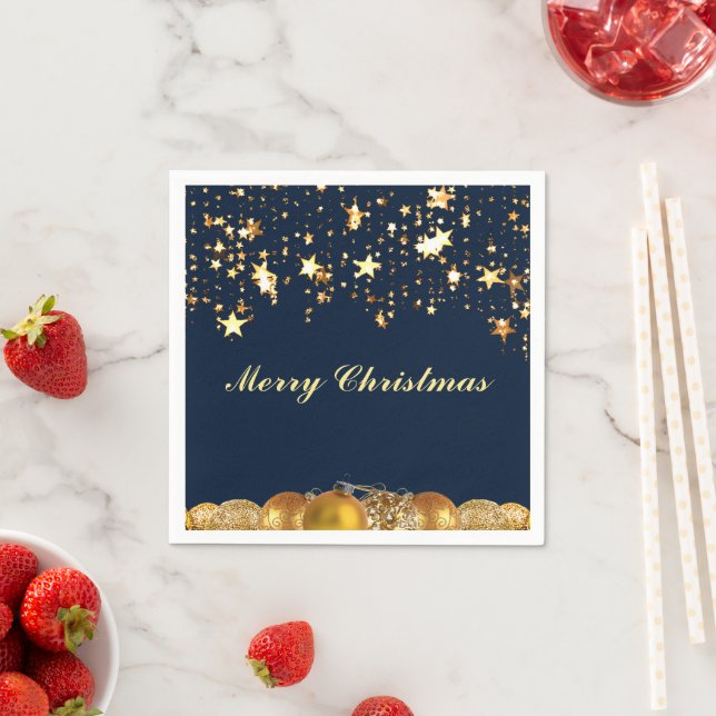 Serviette En Papier Étoiles dorées de Noël, boules, arbre et message (En situation)