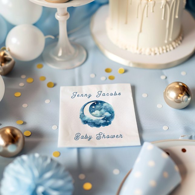 Serviette En Papier Etoiles et lune rêve baby shower bleu invitation (Stars and moon dreamy baby shower blue napkin)