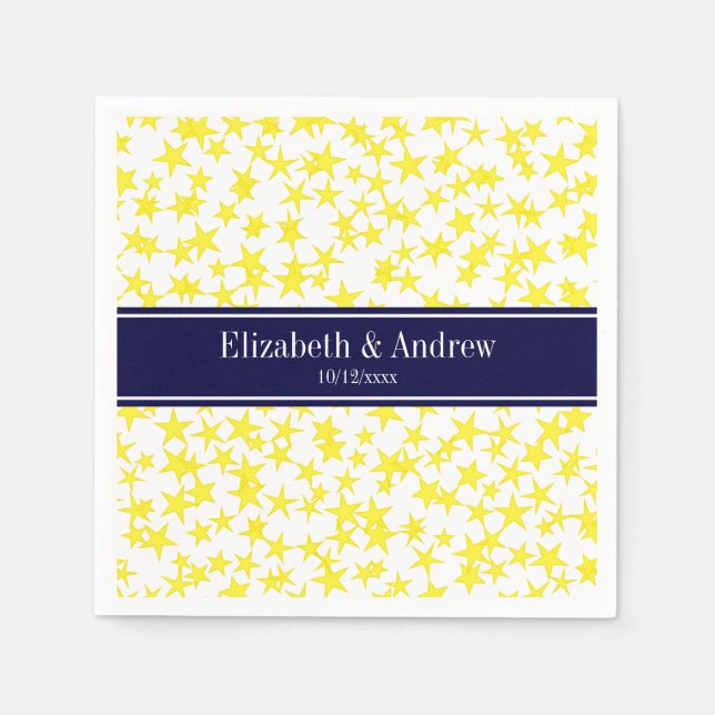 Serviette En Papier Etoiles Jaunes Blanc BG, Nom bleu marine Monogramm (Devant)