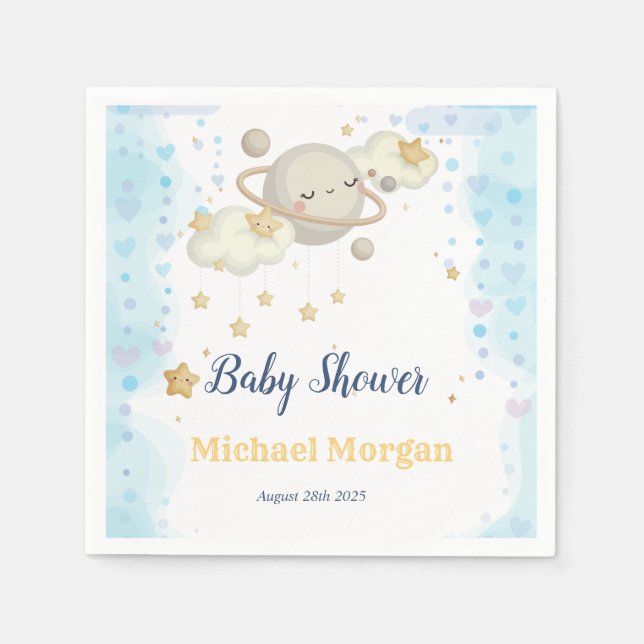 Serviette En Papier Etoiles Planète Nuages Baby shower bleu (Devant)