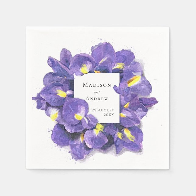 Serviette En Papier Étonnant violet Irises Aquarelle Floral Mariage (Devant)